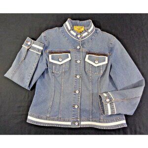 Vintage 1990s V Denim Jean Jacket w Leather & Crystal Accents Women XLarge